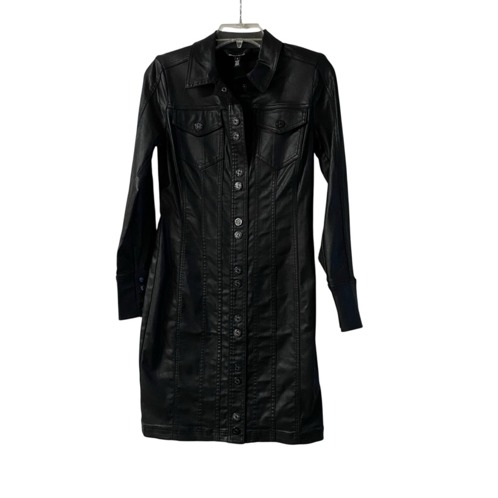 White House Black Market Coated Black Faux Leather Jacket Dress Size 2 - Picture 2 of 15